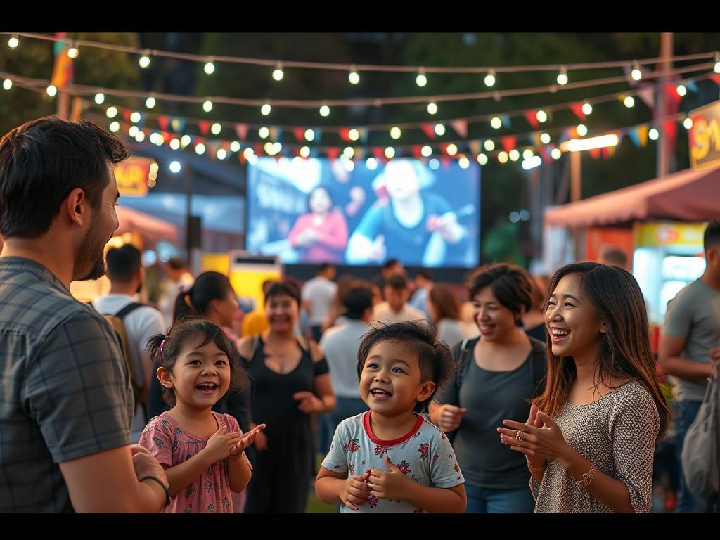 A lively community film event with families and friends gathered around outdoor screens. The setting includes colorful decorations, food stalls, and a festive atmosphere. People are enjoying the film on the screen while sharing laughter and conversations. The image captures children playing and adults mingling, creating a sense of togetherness. The background showcases the vibrant outdoor setting with twinkling string lights. The photo is hyper-realistic, focusing on the joyful expressions of attendees, cap