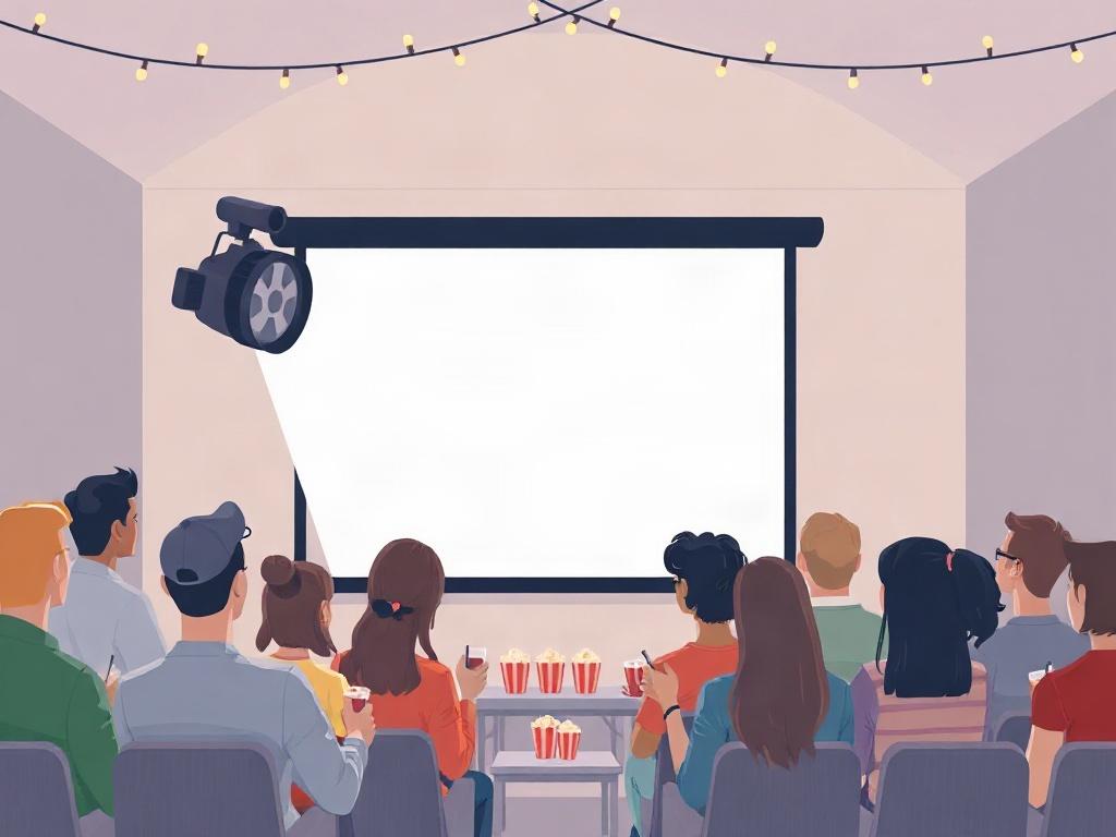 An illustration of an intimate film screening event, with a projector displaying a classic movie on a wall. The scene includes an audience of diverse individuals watching attentively, with popcorn and drinks in hand. The background is softly lit with string lights to create a cozy ambiance.