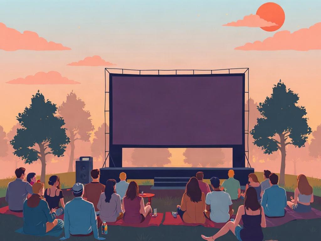A high-quality illustration of a film festival scene, featuring a large outdoor screen displaying a classic movie, surrounded by an audience sitting on blankets. The background shows trees and a sunset sky in pastel colors, creating a warm and inviting atmosphere.