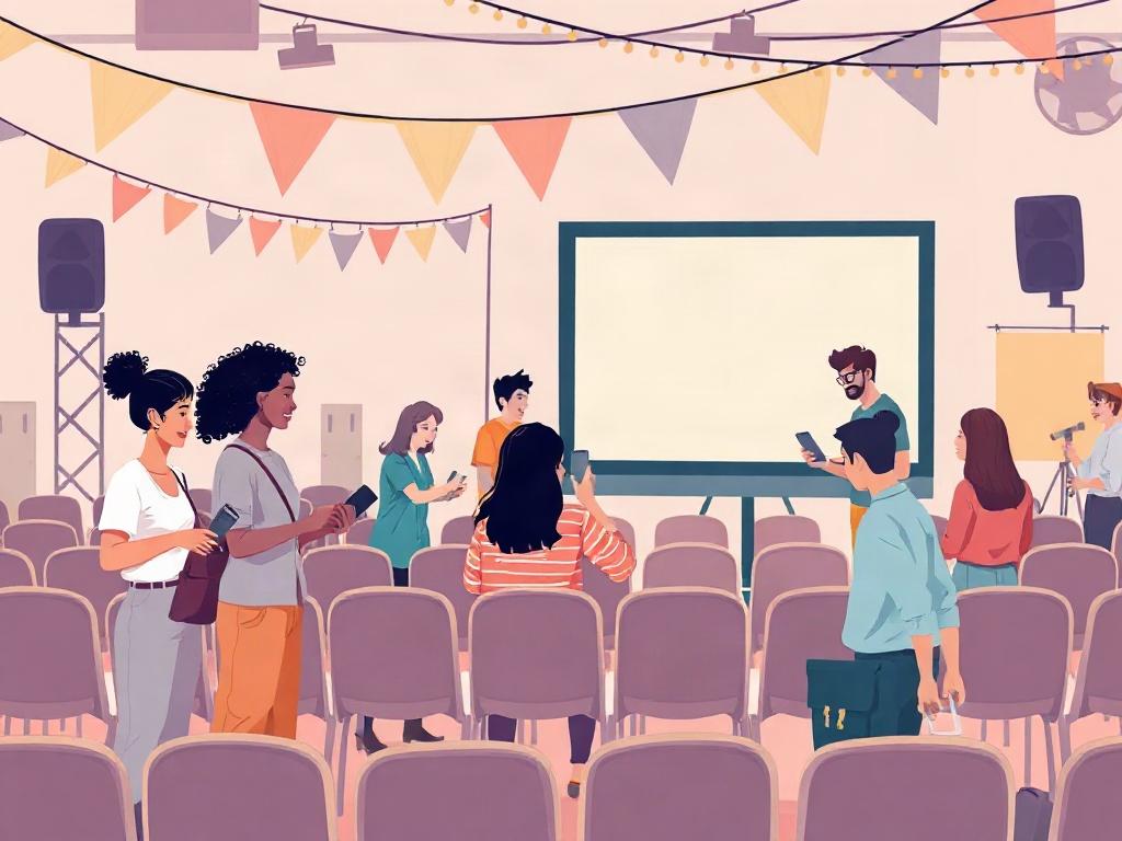 A vibrant illustration of volunteers working together at a film event, setting up chairs and a projector screen. The scene depicts a diverse group of individuals smiling and collaborating, with banners and decorations in the background, all in pastel colors to convey a friendly atmosphere.