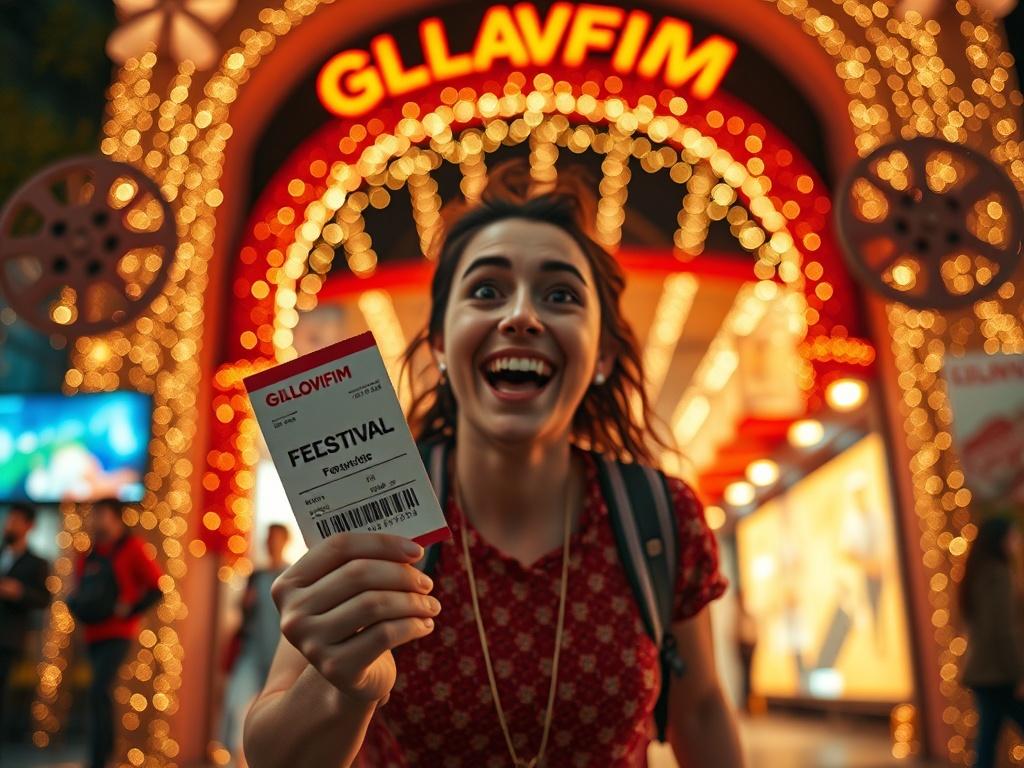 Create a realistic high-resolution photo showcasing a vibrant scene from the Gloriafilm Festival. Center the composition around a single, excited film enthusiast holding a festival ticket, with wide eyes filled with anticipation and a broad smile. Capture the person in mid-motion, as if they are stepping into the festival, radiating joy and enthusiasm. 

The background should feature an illuminated festival entrance adorned with twinkling lights and a welcoming arch, indicating the festival atmosphere. Soft