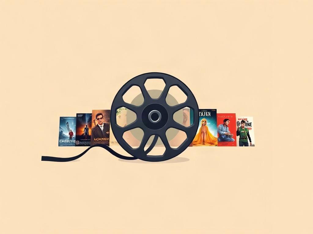 A minimalist illustration of a film reel with a variety of movie posters around it, set against a clean pastel background.