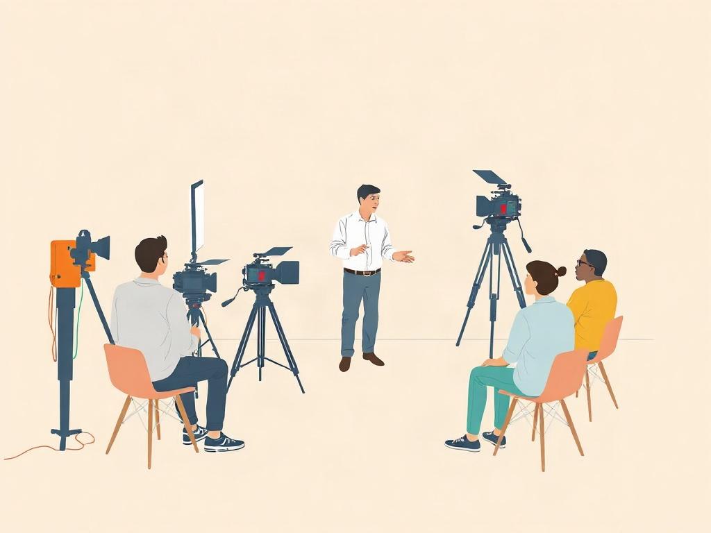 A clean illustration of a workshop setting with a film instructor and engaged students, surrounded by film equipment, on a pastel background.