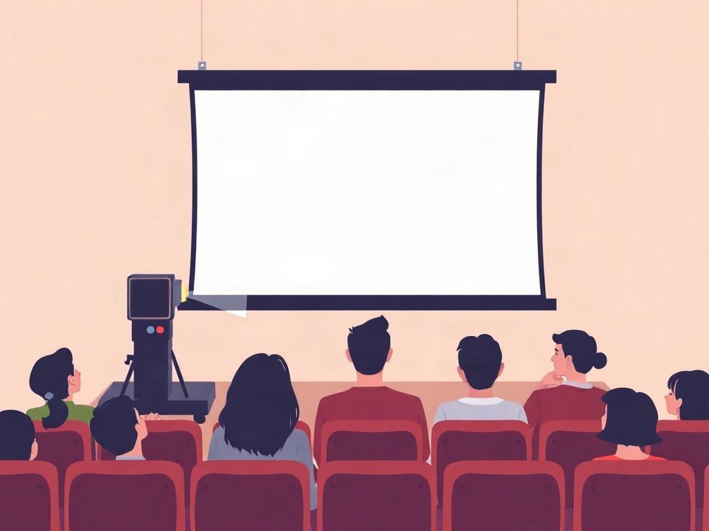 A minimalist illustration of a cozy cinema setting with a projector screen showing a film, and an audience watching intently, on a pastel background.