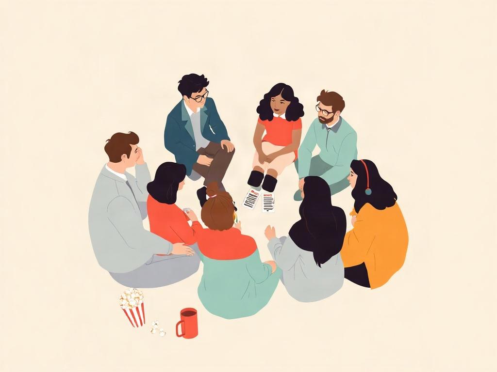 A simple illustration of diverse people discussing in a circle, surrounded by film-related items like popcorn and tickets, on a pastel background.