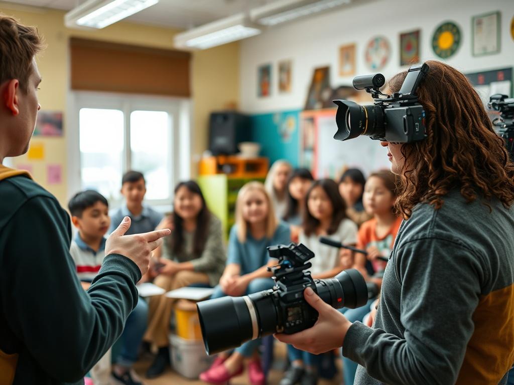 An engaging community film program session with participants of various ages interacting with a filmmaker. The setting is an inviting classroom or workshop space, filled with film equipment and creative materials. The instructor is animatedly demonstrating filmmaking techniques, while the audience is attentive and eager to learn. The room is bright and colorful, showcasing a creative environment that encourages participation and exploration.