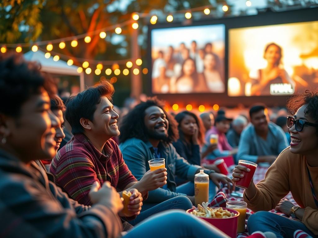 A close-up shot of a diverse group of people enjoying a film screening outdoors, with warm lighting creating an inviting atmosphere. The scene captures their expressions of joy and engagement, surrounded by colorful blankets and snacks. The background features a beautifully lit outdoor cinema setup, with a large screen displaying a classic film, emphasizing the community experience. Use a 45mm f/1.2 lens style for a hyper-realistic effect.