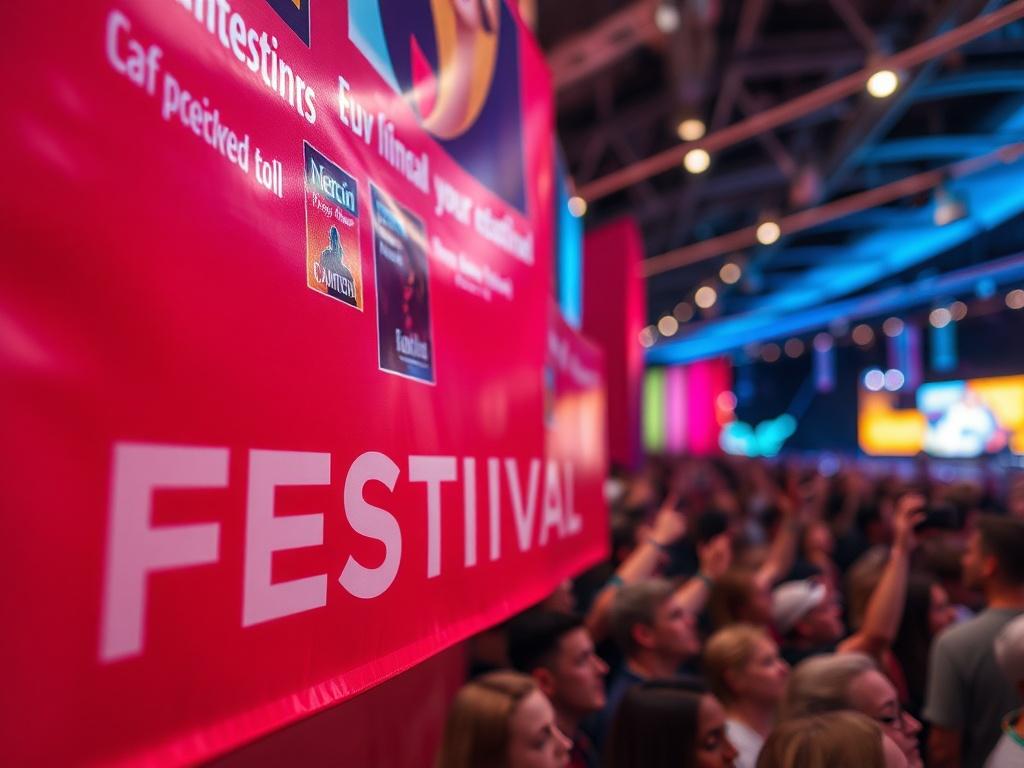 A high-resolution close-up shot of a film festival banner with excited attendees in the background, showcasing the vibrant atmosphere of the event. The focus should be on the banner, capturing details of the festival branding, while the blurred background conveys the excitement and energy of the festival crowd. Use a 45mm f/1.2 lens effect for a striking depth of field.