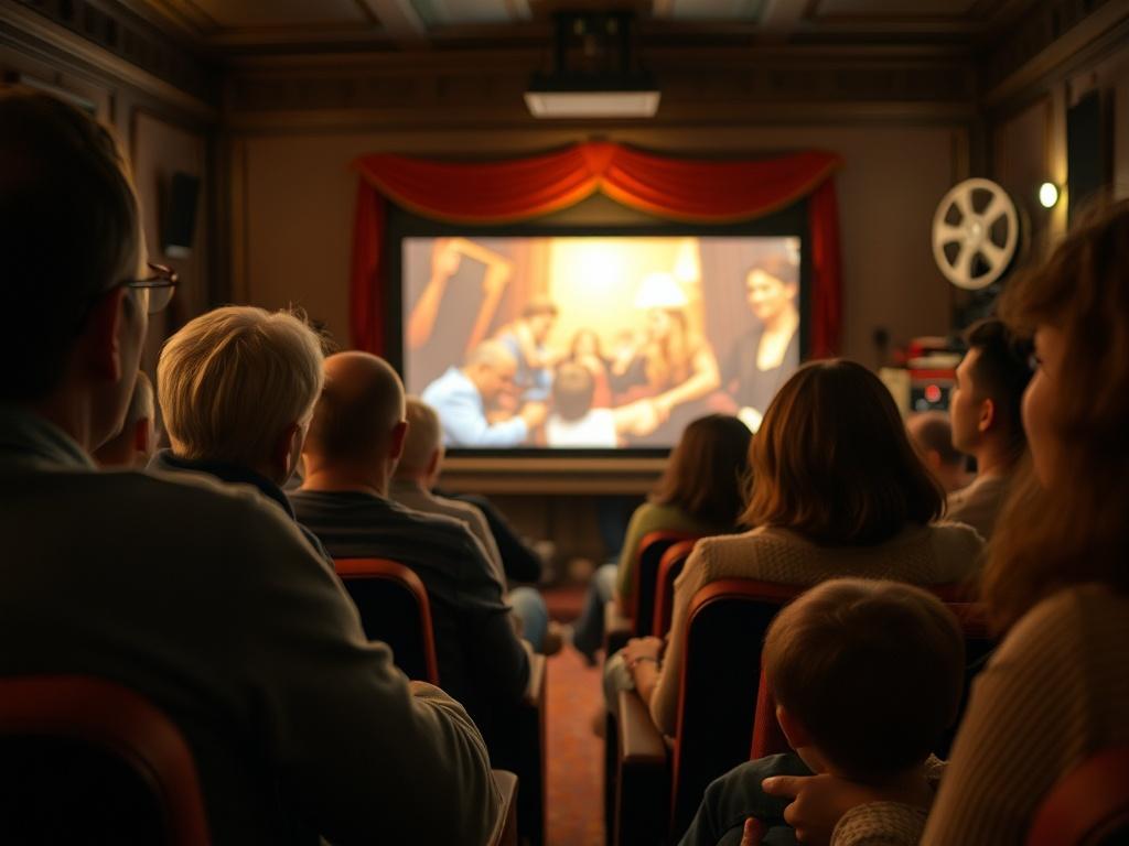 A cozy community film screening setting, featuring a small group of diverse people seated in a classic cinema. The audience is engaged with the screen, which shows a vibrant film scene. The room is warmly lit, with comfortable seating and a vintage projector in the background. The atmosphere is inviting and filled with excitement, showcasing the joy of shared cinematic experiences. The focus is on the audience's reactions and the ambiance, captured in a close-up shot with a shallow depth of field.