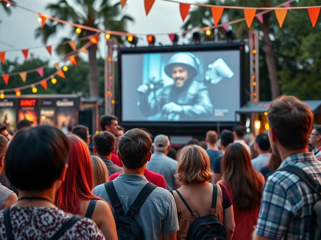 A vibrant scene capturing a film festival atmosphere. Focus on a diverse group of people gathered around a large outdoor screen showing a film, with colorful lights and decorations. The background features a festival booth with film posters and banners. Shot in high resolution, with a warm and inviting color palette.