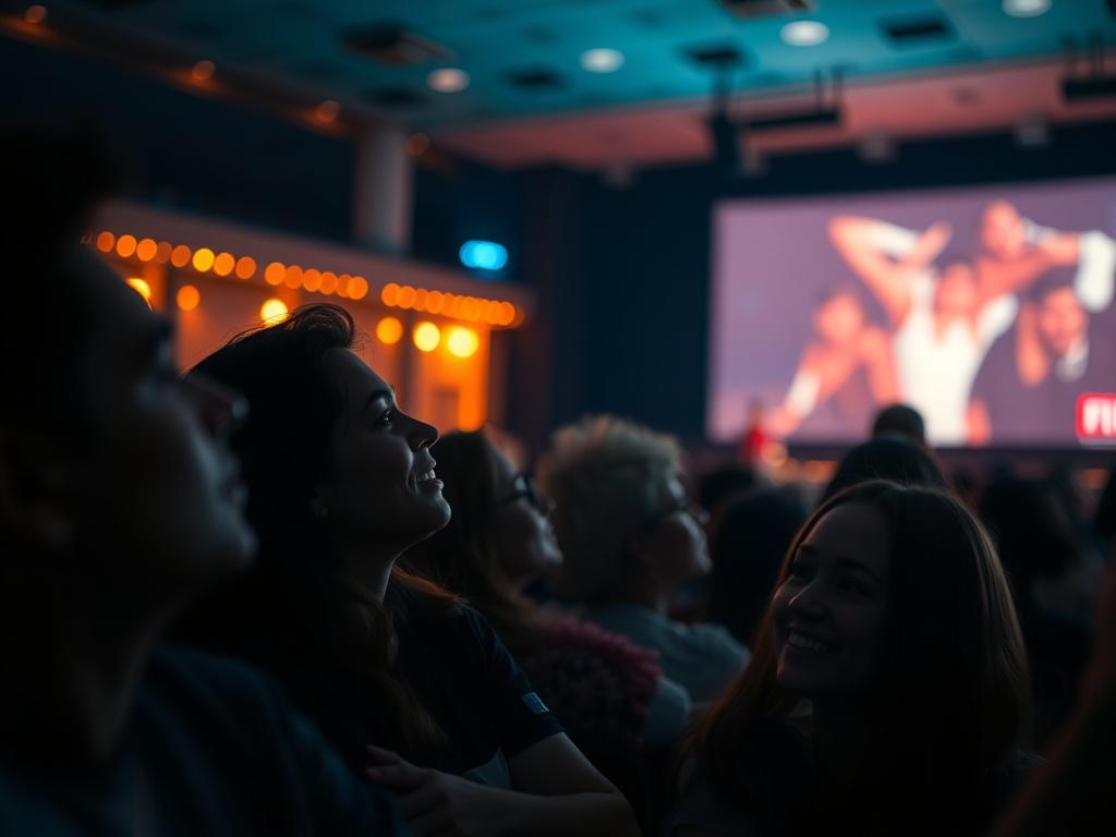 Create a realistic high-resolution photo of a vibrant film screening event. Focus on a close-up shot of an audience captivated by the screen, with their faces illuminated by the glow of the projector. The background should be filled with soft, warm lighting and silhouettes of people enjoying the experience. The overall composition should convey excitement and community, emphasizing the shared joy of watching films together.