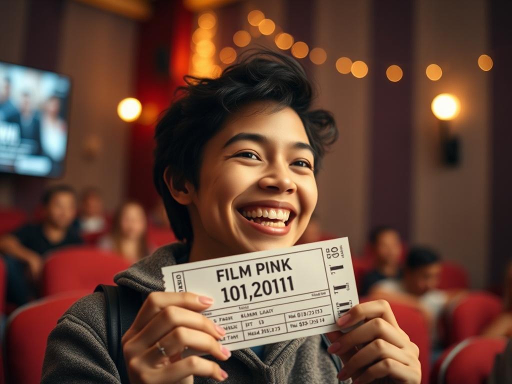 A close-up shot of a joyful film enthusiast holding a ticket to a film screening, with a backdrop featuring a cozy cinema setting. The lighting is warm and inviting, capturing the excitement of film culture. Use a 45mm f/1.2 lens style to create a hyper-realistic effect, focusing on the person's expression and the details of the ticket.