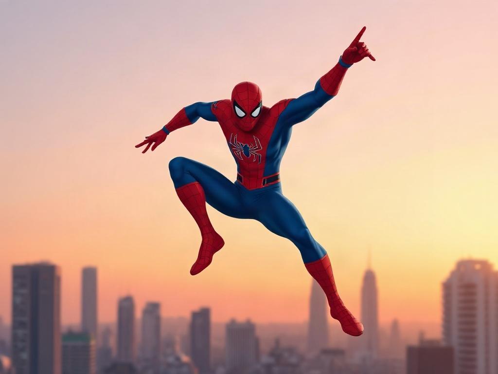 Create a high-quality illustration featuring a single, dynamic depiction of Spider-Man striking a heroic pose, positioned prominently in the center of the composition. Spider-Man should be depicted in his classic red and blue costume, showcasing intricate web patterns and a determined expression on his masked face. His posture should convey a sense of action and excitement, as if he’s preparing to leap into motion or swing into the air.

The background should be a stylized, minimalistic city skyline at dusk