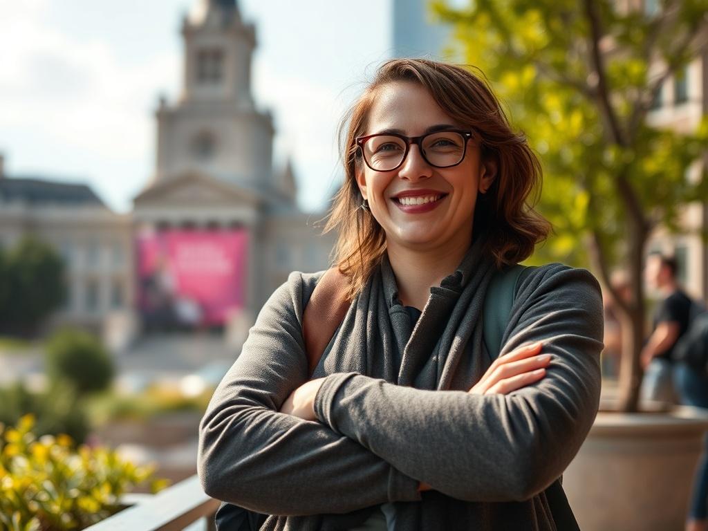 **Prompt for AI Image Generator:**

Create a realistic high-resolution photo of a single subject who embodies the spirit of the Gloriafilm Festival. The subject should be a passionate film enthusiast, standing confidently with their arms crossed, dressed in casual yet stylish attire, reflecting the vibrant energy of cinema. The background must feature a subtle outdoor setting of an iconic Salt Lake City landmark, hinting at the festival’s connection to the community, with soft greenery and hints of urban ar