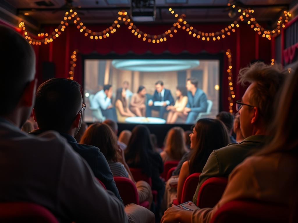 A vibrant film screening event featuring a diverse audience captivated by a classic film on a large screen. The setting is cozy, with plush seating and dimmed lights creating an intimate atmosphere. The focus should be on the screen displaying a classic film scene, with the audience visible from the waist up, displaying expressions of joy and engagement. The background should include subtle decorations that reflect a film festival theme. The lighting is warm and inviting, enhancing the atmosphere of communi
