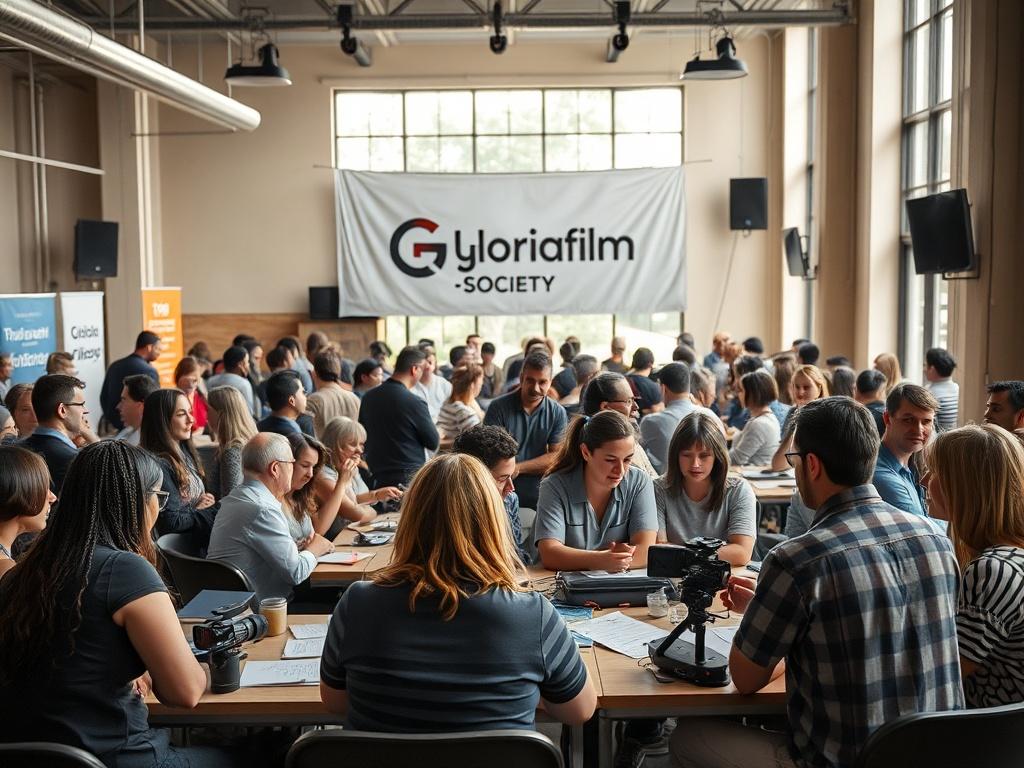 A lively community film event in a spacious venue filled with enthusiastic attendees engaging in conversations. The scene captures a film workshop with participants gathered around tables, brainstorming and collaborating on creative projects. In the background, a banner showcases the Gloriafilm Society logo, and film-related materials like storyboards and cameras are visible. The atmosphere is dynamic and collaborative, with natural light streaming through large windows, creating an inviting and inspiring e