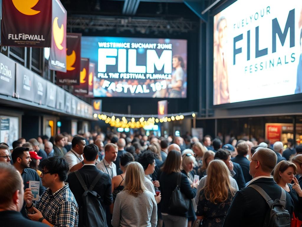 An exciting film festival atmosphere showcasing a bustling venue with attendees mingling and engaging. The focus is on a large screen displaying a film title, with festival banners and decorations enhancing the celebratory vibe. Filmmakers are seen interacting with guests, and attendees are holding film schedules, discussing the films they’ve seen. The environment is lively and colorful, capturing the excitement of film lovers united for a shared passion.