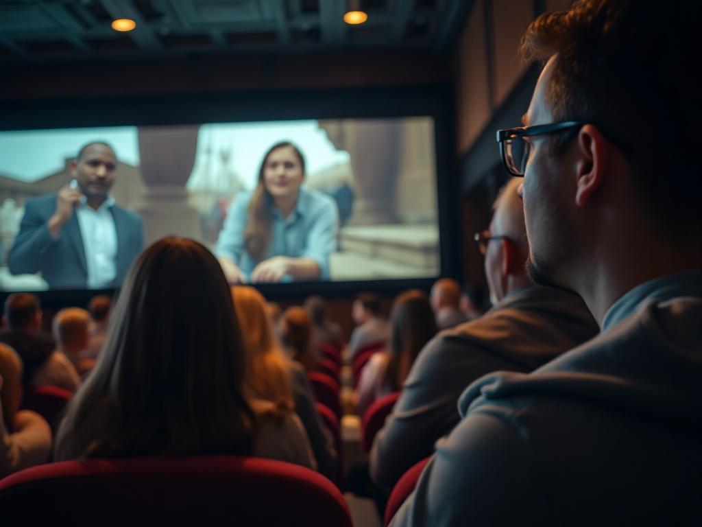 A captivated audience watching a documentary film in a theater, with a focus on an emotional scene playing on the screen, warm ambiance.