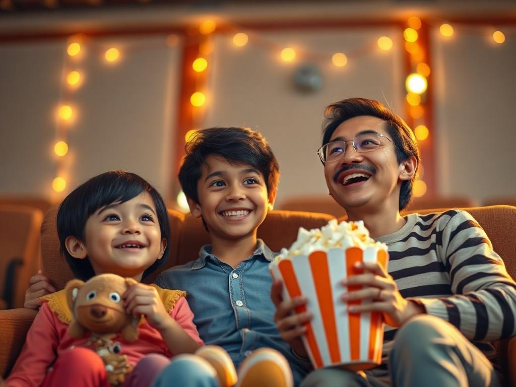 A joyful family watching an animated film together in a cozy theater setting, popcorn in hand, warm lighting creating an inviting atmosphere.