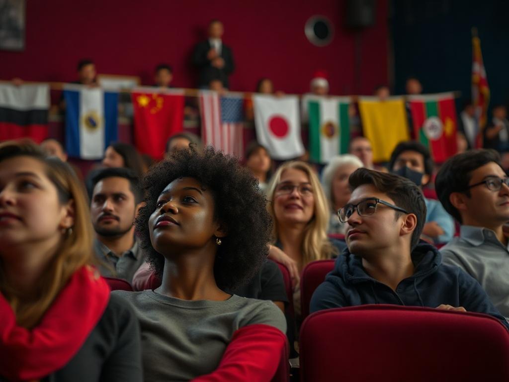 A diverse audience in a theater, immersed in watching an international film, with flags from various countries subtly displayed in the background.