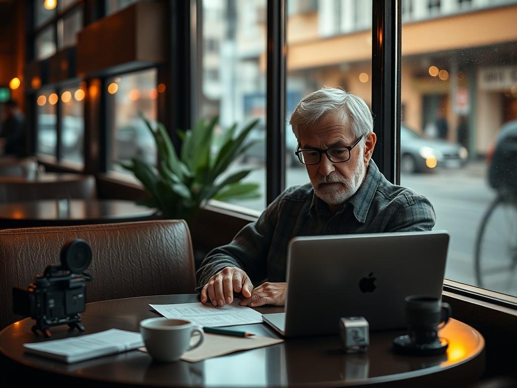 **AI Image Generation Prompt:**

Create a realistic high-resolution photo capturing the essence of a complex film industry landscape, visually representing the dichotomy of the evolving film industry. 

**Composition:** The image should feature a single subject—a filmmaker sitting in a cozy, dimly-lit café, deeply engrossed in writing a screenplay on a laptop. The atmosphere should be warm and inviting, suggesting a place of creativity and inspiration.

**Subject Matter:** The filmmaker, a middle-aged indiv