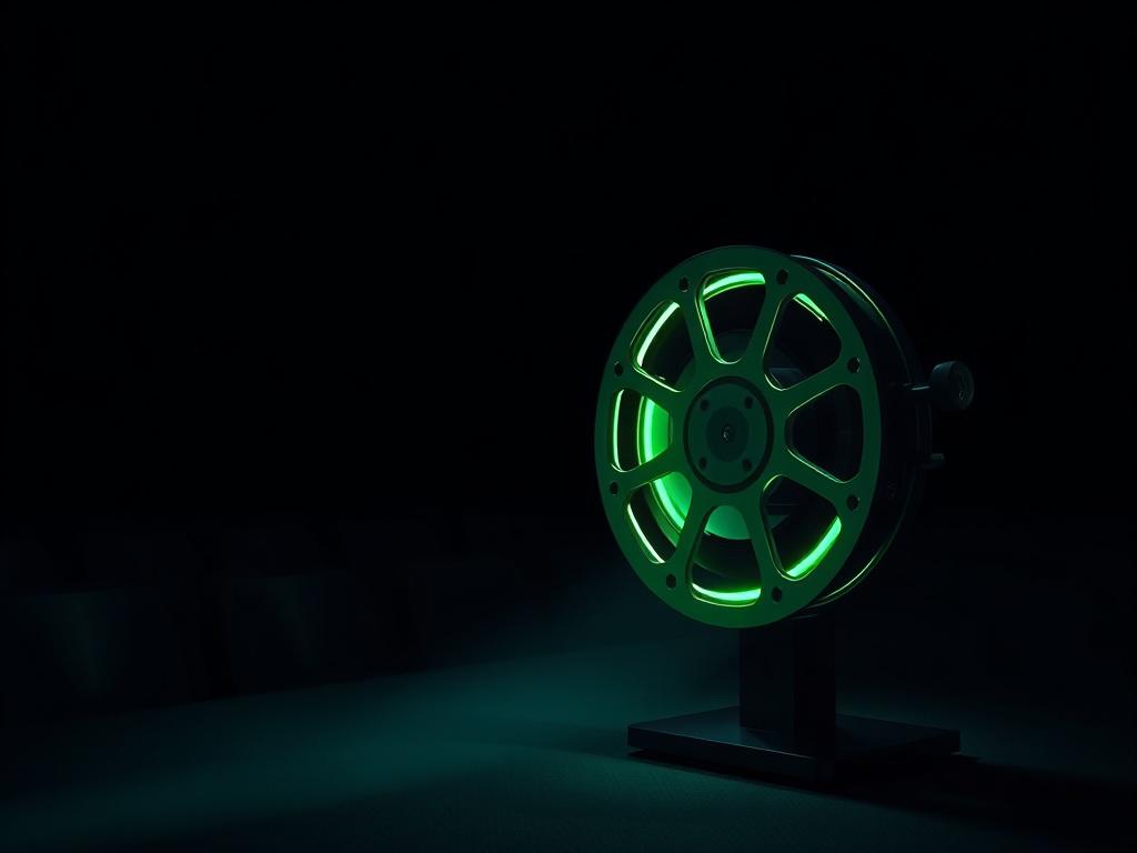A detailed, photorealistic image of a single film reel and
