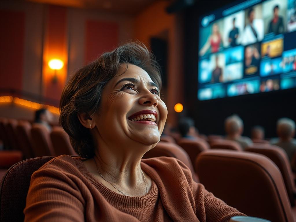 Create a realistic high-resolution photo that embodies the theme "Celebrating Diversity in Film." The composition should be simple and clear, focusing on a single subject: a middle-aged woman of Hispanic descent, passionately watching a film on a large screen in a cozy, dimly-lit cinema. 

Capture her expression of joy and wonder as she immerses herself in the cinematic experience. The background should feature a softly blurred cinema interior, with rows of plush seats and subtle lighting that enhances the 
