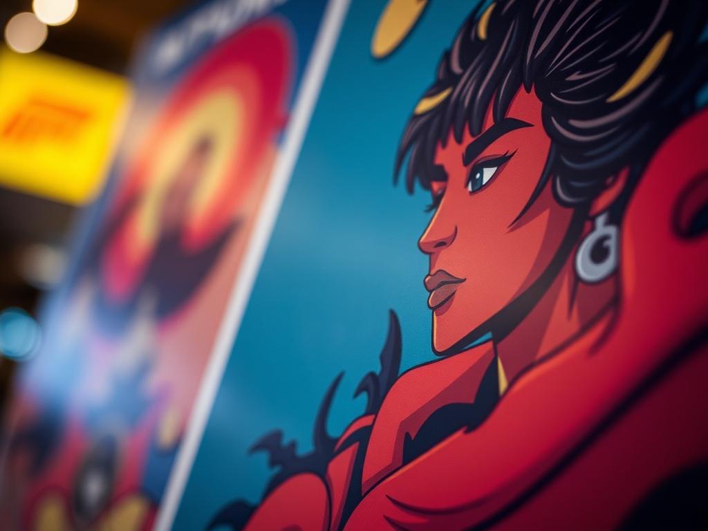 A striking close-up of an indie film promotional poster featuring vibrant artwork. The poster should showcase elements of independent cinema, such as unique characters or abstract designs. The background should be artistically blurred, enhancing the focus on the poster. Shot with a 45mm f/1.2 lens.