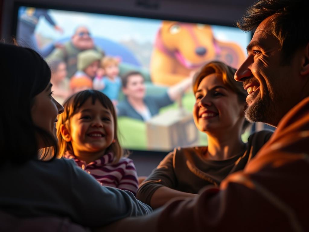 Create a close-up shot of a family watching a film together in a cozy cinema setting, with a projector casting vibrant images on a large screen. The focus should be on the expressions of joy and excitement on their faces, capturing the essence of a shared cinematic experience. The background should be softly lit, highlighting the movie screen and creating an inviting atmosphere, shot with a 45mm f/1.2 lens.