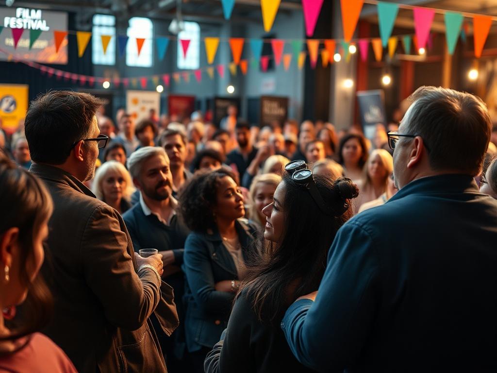 Capture a dynamic scene from a film festival, featuring a diverse audience participating in a lively panel discussion. The setting should include a stage with filmmakers and speakers engaging with the crowd, showcasing enthusiasm and interaction. The atmosphere should be festive and inviting, with colorful decorations and banners in the background, shot with a 45mm f/1.2 lens.