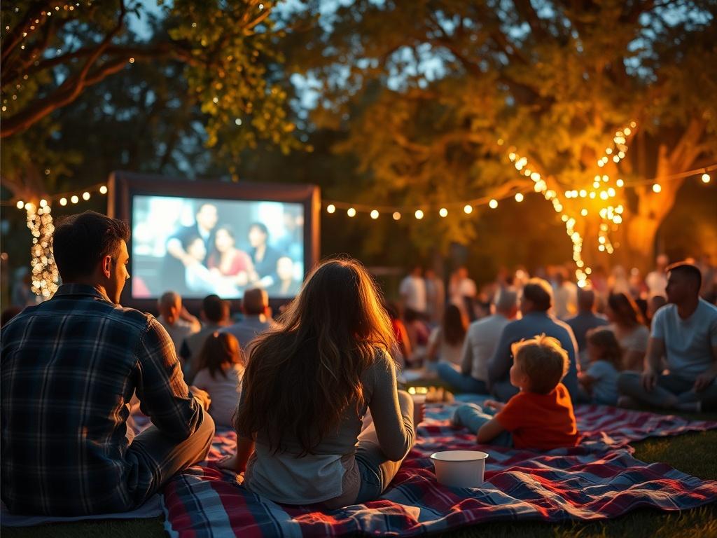 Illustrate a community film event outdoors, with families and friends gathered on blankets, enjoying a movie screening under the stars. The scene should radiate joy and togetherness, featuring a large screen displaying a film and people laughing, sharing snacks, and engaging with each other. The atmosphere should be warm and inviting, with twinkling lights in the trees, shot with a 45mm f/1.2 lens.