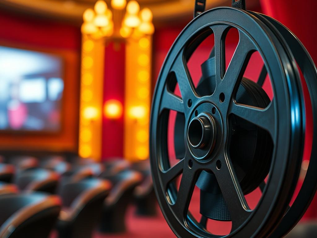 A close-up shot of a film reel, intricately detailed, with soft lighting emphasizing its metallic texture. The background features a blurred cinema setting, creating a warm and inviting atmosphere. The colors should reflect the primary color rgb(233, 142, 24) subtly in the lighting and decor, enhancing the focus on the film reel as it symbolizes the essence of filmmaking and community.