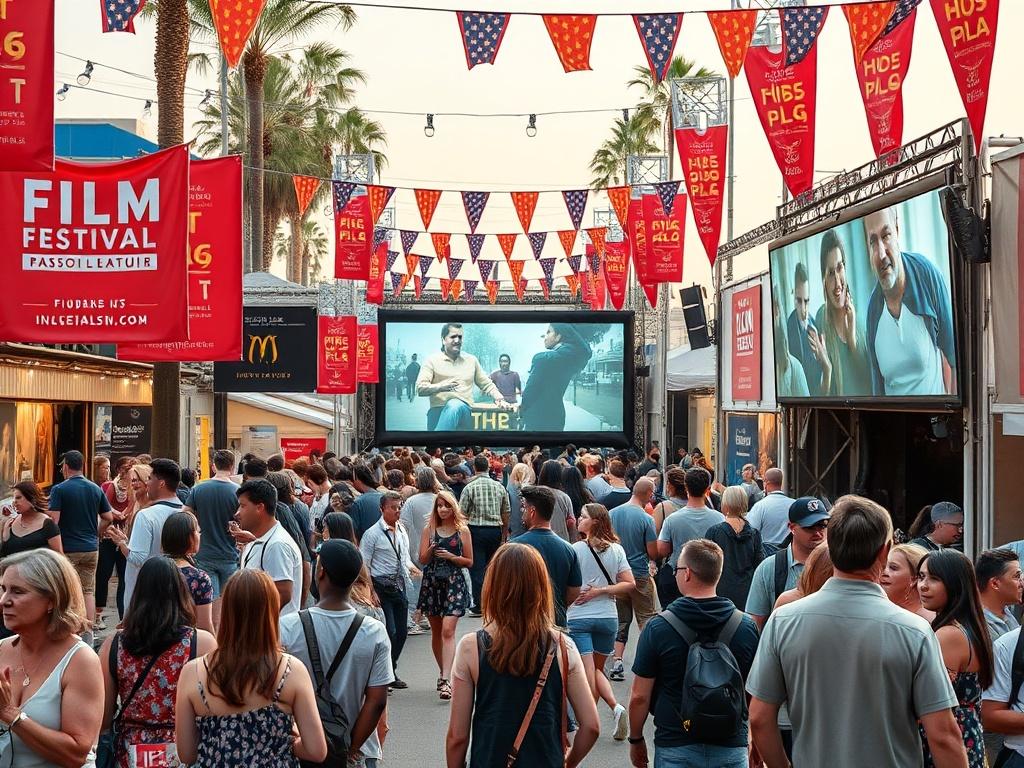 A bustling film festival scene with visitors mingling around outdoor booths and screening areas. Bright banners and posters showcase featured films, and attendees are engaged in lively conversations. A large outdoor screen displays scenes from a film, while filmmakers interact with fans. The atmosphere is festive and vibrant, with people of all ages enjoying the celebration of cinema.