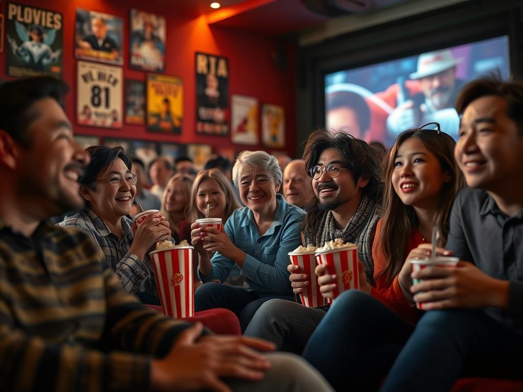 A vibrant film screening event with diverse families and friends gathered in a cozy theater, watching a film on a large screen. The atmosphere is warm and inviting, with popcorn and drinks in hand. The lighting is soft, creating a cinematic ambiance. The audience is engaged and smiling, showcasing the joy of shared experiences. The background is filled with movie posters and cinema decor, emphasizing the love for film.