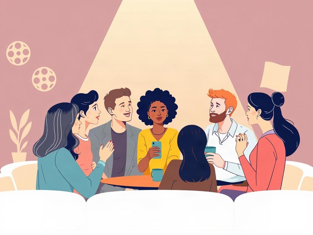 Create a high-quality illustration for a blog titled "The Future of Film in Utah Starts With Conversations." The composition should be simple and clear, featuring a single, prominent subject: a diverse group of individuals engaged in an animated conversation about film. The group should consist of various ages, ethnicities, and genders to reflect the diversity of voices and stories in the film community.

The background should depict a minimalist setting that hints at a film screening environment—perhaps a 