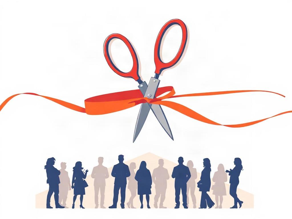 Create a high-quality illustration depicting a ribbon-cutting ceremony that represents the essence of community and celebration. The composition should be simple and clear, featuring a single subject: a large, vibrant ribbon being cut by a pair of scissors, emphasizing the moment of unveiling. 

The background should be minimalistic, using soft pastel colors that evoke warmth and joy, reflecting the welcoming nature of the Gloriafilm Society. Incorporate subtle elements like silhouetted figures in the dista