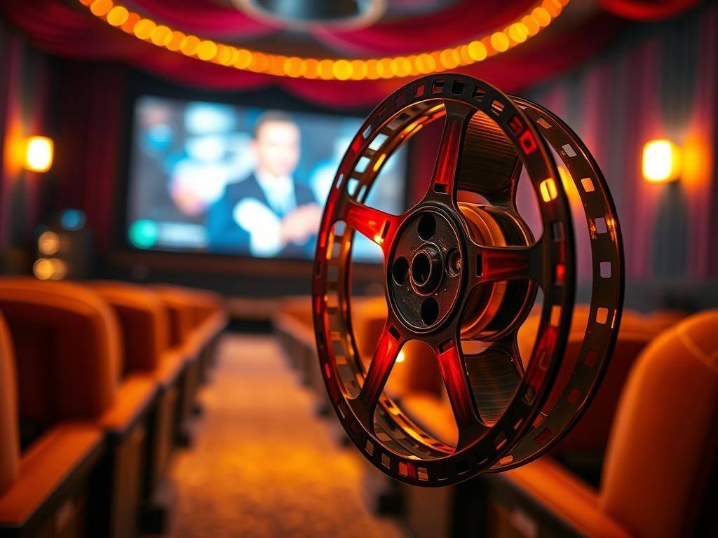 A close-up shot of a vibrant film reel, illuminated with warm light, symbolizing the magic of cinema. The background features a blurred, cozy cinema setting with plush seats and a glowing screen, creating an inviting atmosphere. The image should evoke feelings of nostalgia and excitement for film lovers. Shot with a 45mm f/1.2 lens.
