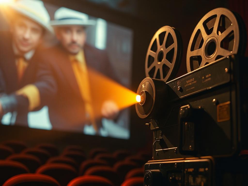 A close-up shot of a vintage film projector casting light onto a movie screen, with a dimly lit theater in the background. The projector is detailed and realistic, showcasing the warm glow of the film being projected. The atmosphere is nostalgic, evoking the classic cinema experience.
