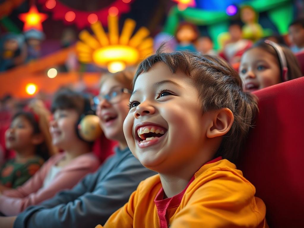 A close-up shot of a child laughing while watching an animated movie in a theater, surrounded by colorful decorations that reflect various animated characters. The atmosphere is cheerful and lively, capturing the joy of family entertainment.