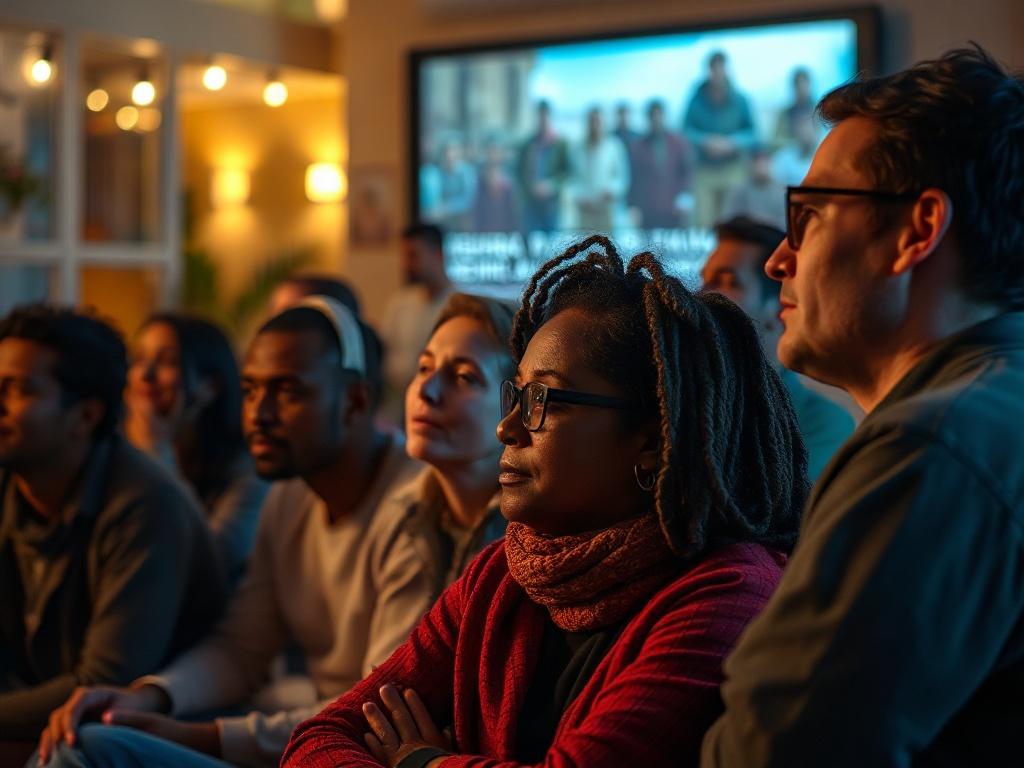 A close-up shot of a diverse group of people watching a documentary on a large screen, their faces illuminated by the light of the projection. The background is a casual gathering space with a warm ambiance, fostering an atmosphere of reflection and engagement.