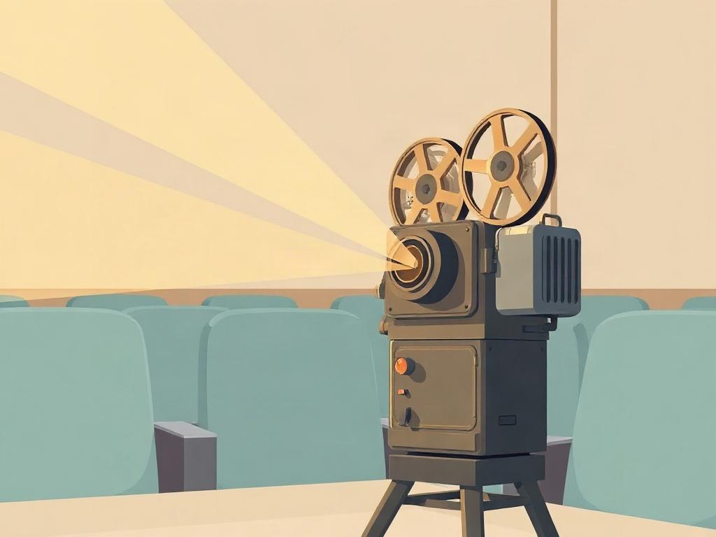 **AI Image Generation Prompt:**

Create a high-quality illustration featuring a vintage film projector as the central subject. The projector should be positioned in the foreground, capturing the viewer's attention with its intricate details and retro design. Project light beams from the projector, illuminating the air with a soft golden glow, symbolizing the warmth and inspiration of independent cinema.

In the background, create a simple, inviting atmosphere resembling a cozy screening room. Include muted 