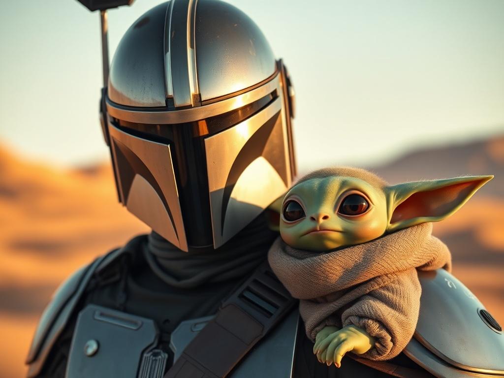 Generate a realistic high-resolution photo featuring the beloved characters, The Mandalorian and Grogu, in a serene moment together. The scene should focus exclusively on the Mandalorian, who stands confidently, embodying a quiet yet compelling presence. He is wearing his iconic armor, with intricate details shining under soft light that highlights the textures and contours of the metal.

Grogu, visible next to him, gazes up with large, expressive eyes that reflect innocence and curiosity, capturing their c