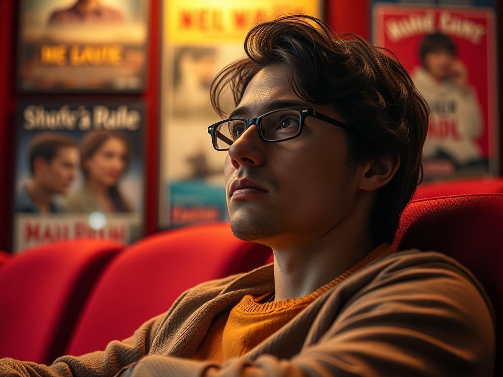 Create a highly realistic high-resolution image featuring a single subject, a passionate film enthusiast seated comfortably in a cozy indie cinema. The enthusiast is engaged in watching a poignant independent film, with their eyes fixated on the screen, reflecting the emotional tones of the movie. Use warm ambient lighting that echoes the inviting atmosphere of a small, intimate theater adorned with vintage movie posters in the background. The background should be softly blurred to emphasize the individual 