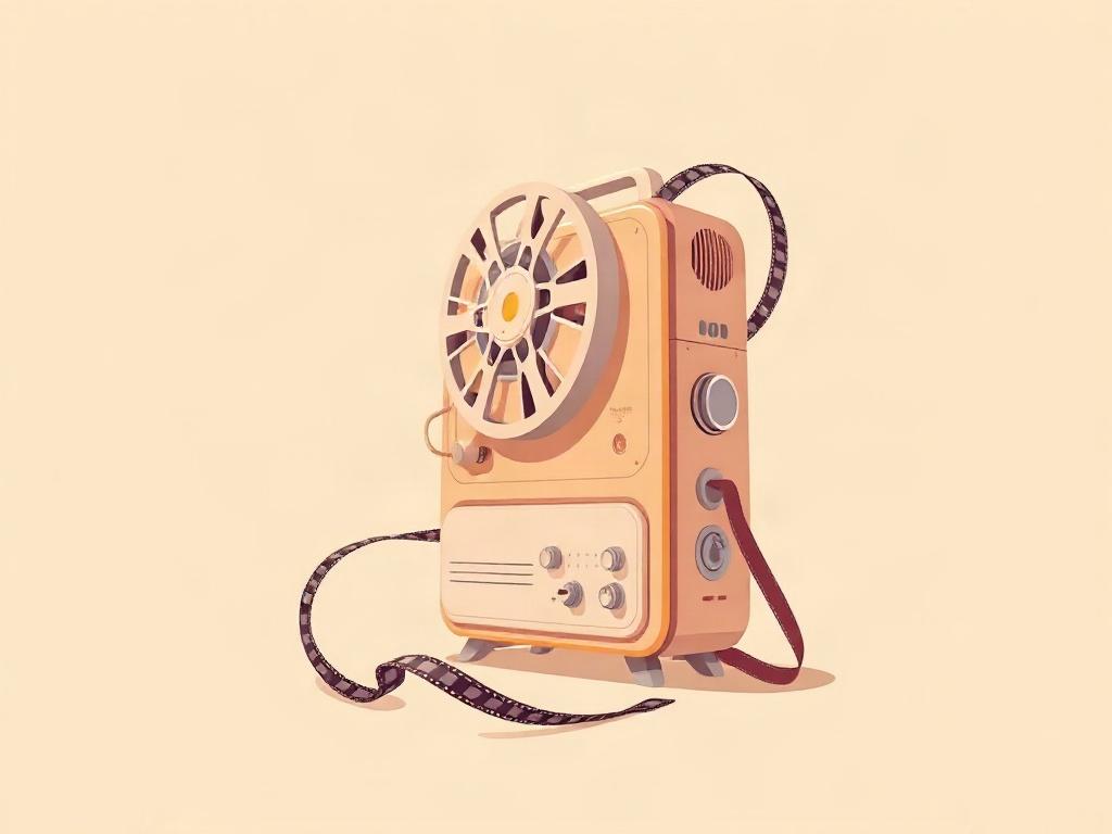 **Prompt for AI Image Generation:**

Create a high-quality, minimalistic illustration that embodies the essence of classic cinema, titled "Exploring Classic Cinema: A Journey Through Time." The composition should be simple and clear, featuring a single subject: an elegant vintage film projector. The film projector should be depicted in a pastel color palette, with soft shades of creams, muted oranges, and gentle pinks, emphasizing its nostalgic charm.

The film projector should be positioned slightly off-ce