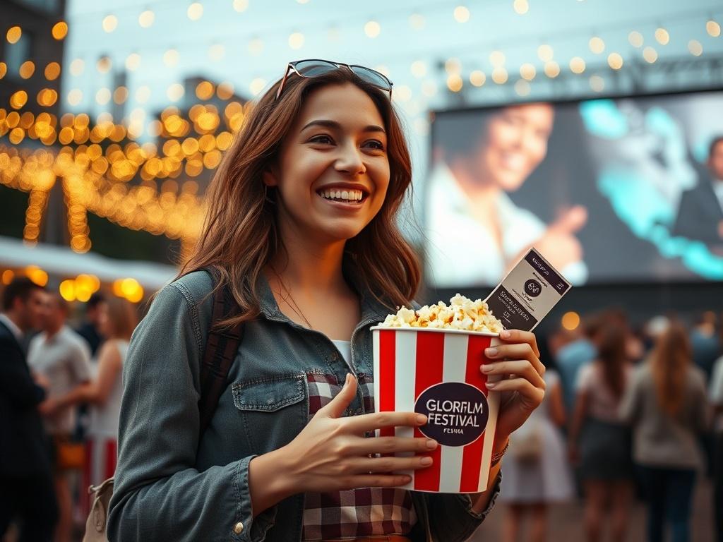 Create a realistic high-resolution photo focusing on the excitement of attending the Gloriafilm Festival. The composition should be simple and clear, featuring a single subject: a joyful movie enthusiast, a young woman in her late 20s, wearing a stylish outfit with an approachable smile. She holds a popcorn bucket in one hand and a festival pass in the other, embodying the anticipation of an unforgettable cinematic experience. 

The background should depict a softly blurred outdoor cinema setting with twink