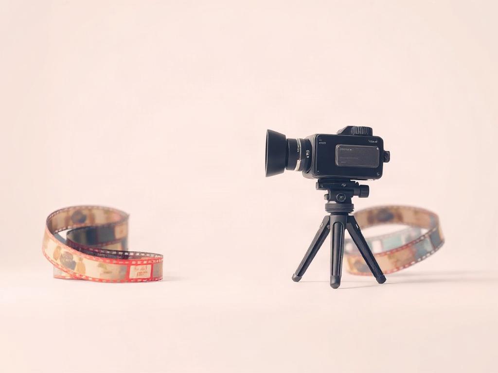 Create a high-quality illustration that captures the essence of independent cinema for a blog titled “Exploring Independent Cinema.” The composition should be simple and clear, featuring a single subject—a vintage film camera as the focal point. The camera should be positioned slightly off-center to add visual interest. 

The background should be a soft, pastel-colored gradient that evokes a sense of nostalgia and creativity. Subtle hints of various film reels and movie posters can be lightly blurred in the