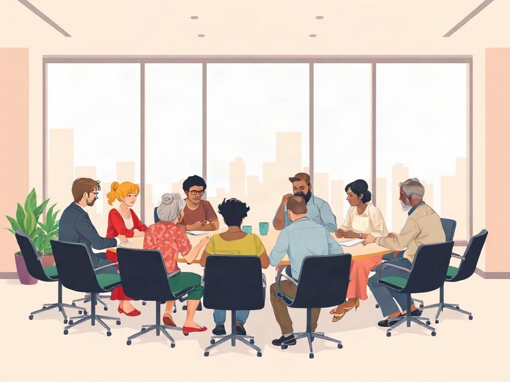 **AI Image Generation Prompt:**

Create a high-quality illustration for a blog titled "Board & Advisory Search." The composition should be simple and clear, featuring a single subject that embodies the essence of community and collaboration in the film industry. 

**Subject Matter:** Depict a diverse group of people gathered around a round table intently discussing and strategizing. Each individual should represent a different culture, showcasing a variety of ethnic backgrounds and attire that reflects the 