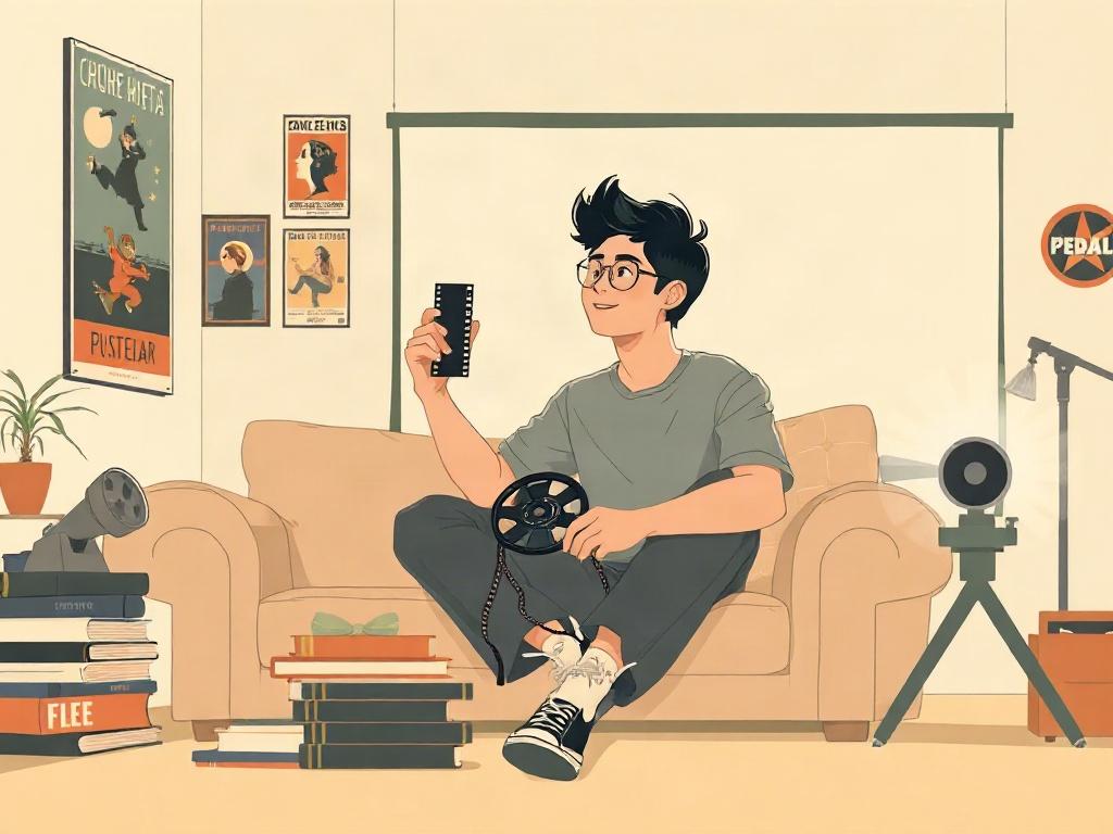 Create a high-quality illustration that visually encapsulates the theme "Exploring Independent Cinema." The composition should be simple and clear, featuring a single subject: an enthusiastic film enthusiast, a young adult sitting on a cozy sofa surrounded by stacks of independent film DVDs and vintage posters adorning the walls. 

The subject should exhibit a contemplative expression as they hold a classic film reel in one hand, symbolizing their passion for discovering the art of storytelling through film