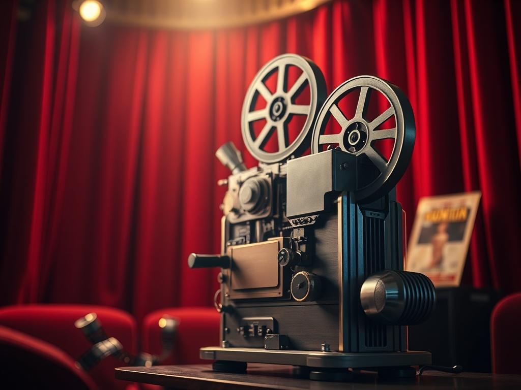 Create a realistic high-resolution photo that captures the essence of classic cinema. The focal point of the image should be an elegant, vintage film projector, prominently placed in the center of the composition. The projector should be beautifully detailed with a polished metal finish, showcasing intricate gears and components that reflect its craftsmanship. 

In the background, add soft-focus elements that evoke a classic movie theater ambiance—think plush red velvet curtains and dim, atmospheric lightin