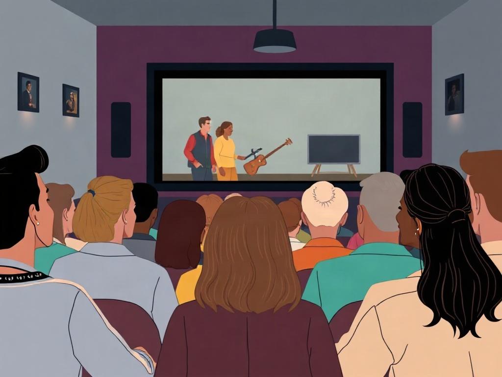 A cozy cinema setting with a diverse group of people watching a classic film. The audience, consisting of individuals from various backgrounds, is engaged and smiling, emphasizing community connection. The background features a large screen displaying a film scene, and the lighting is warm and inviting, reflecting a welcoming atmosphere.
